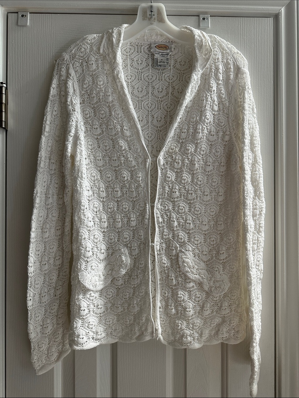 Vintage Talbots Lace Crochet Cardigan White Women’s M Cotton Boho Coastal Y2K